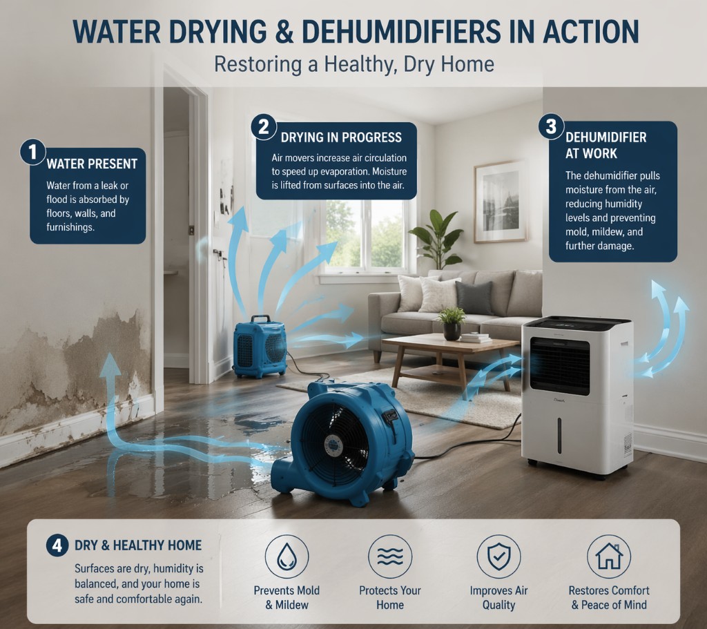 Water drying and dehumidifiers in action — restoring a healthy, dry home